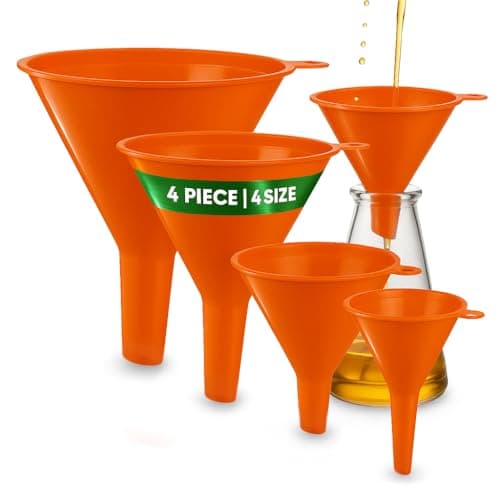 KarZone Oil Funnel Set (Orange, 4-Pack) – Plastic Funnels for Automotive Use – Funnels for Kitchen Use Filling Bottles and containers – Funnel for Water Bottles, Gas, Car Oil, Lubricants and Fluids