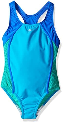 Speedo Girl's Swimsuit One Piece Mesh Splice Thick Strap Cyan