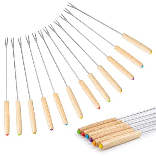 12PCS 9.5 Inch Color-Coded Wood Fondue Forks, Stainless Steel Fruit Fondue With Heat-Blocking Handle for Chocolate Fountain and Cheese