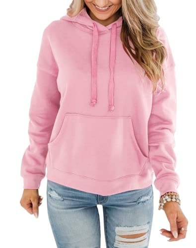 BeadChica Womens Casual Hoodies Crew Neck Long Sleeve Sweatshirts With Pocket Lightweight Pullover Tops-Solid-L Pink