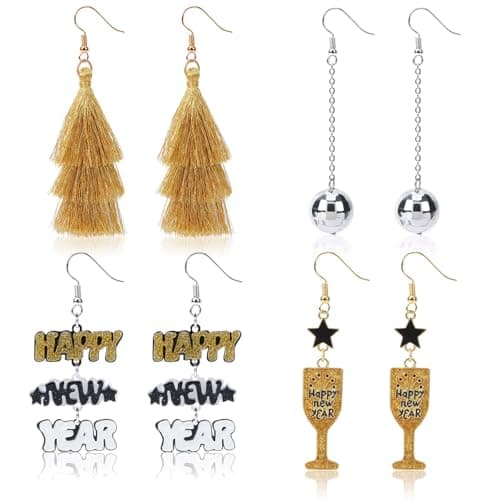 BOARDFEB Happy New Year Earrings for Women, Metal Glitter Wine Glass Dangle Earrings Jewelry Accessories Gold Tassel Dangle Earrings Disco Ball Earrings New Year Eve Earrings Gifts Party Holiday