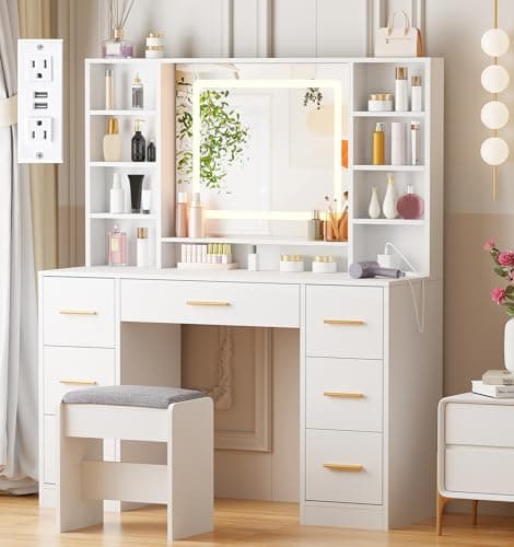 ANWBROAD Vanity Desk Table with Lighted Mirror and Lights Makeup Vanity Desk 39.4“ with Power Outlet 3 Colors Lighting Adjustable Brightness Vanity Table for Bedroom Dressing Room White UBDT65W