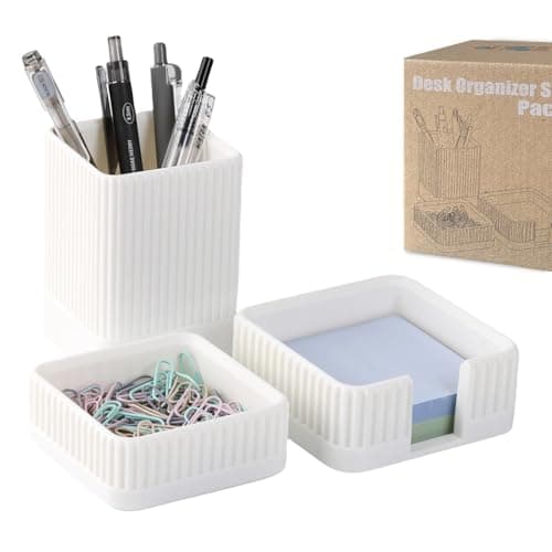 Aesthetic Desk Organizers and Accessories Set of 3 with Pen Holder,Paperclip Holder,Sticky Note Holder - Durable Plastic Pencil Holder for Office Women Men-Teacher Appreciation/Back-to-school Gift