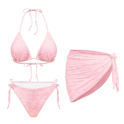 Light Pink Women 3 Piece Swimsuits - Sexy Triangle Bikini Sets with Cover Up Halter String Tie Side Bathing Suits S