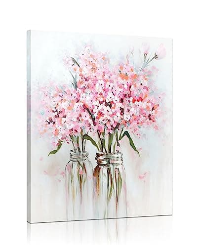 YPY Pink Flowers Canvas Wall Art: Abstract Bouquet in Vase Artwork Prints for Teen Girl Bedroom Pink Floral Picture Poster Bathroom Decor 12" x 15"