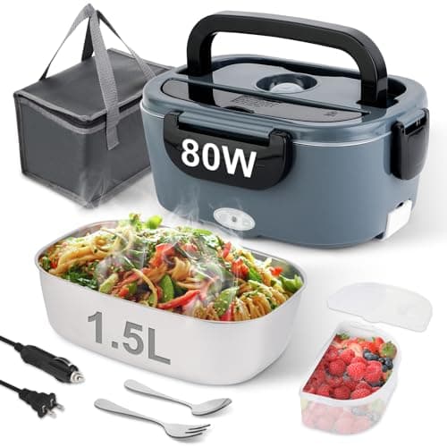 NestDin Electric Lunch Box, 80W Heated Lunch Box for Adults, 1.5L Portable Fast Heating Food Warmer for Car/Truck/Work/Travel, 12/24/110V Lonchera Eléctrica Portátil