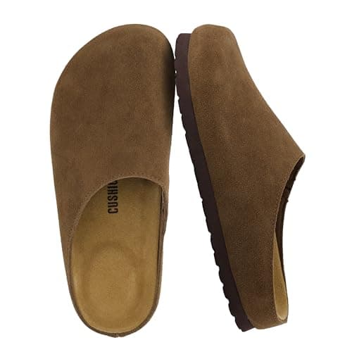 CUSHIONAIRE Lute Genuine Suede Leather Clogs for Women Indoor and Outdoor – Comfortable Slip On Womens Clogs with Cushioned Footbed, Brown 6