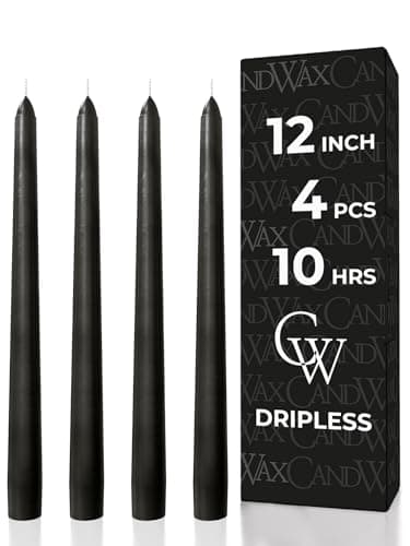 CANDWAX 12 inch Taper Coal Black Candles — Slow Burning Unscented Smokeless Dripless Tapered Candle Set of 4 — Perfect for Gothic Parties and Halloween Gatherings (Packaging May Vary)