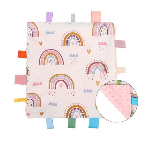 AmazingM Baby Tags Security Blanket, Sensory Soothing Blanket with Tags, Dotted Backing Taggies for 3-12 Months Boys and Girls (Rainbow)