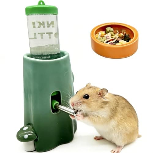 Hamster Water Bottle No Drip Hamster Water Dispenser Ceramic Feeder with Food Bowl Cage Accessories for Mice Rats Hedgehog Chinchilla (Green, 1PCS)