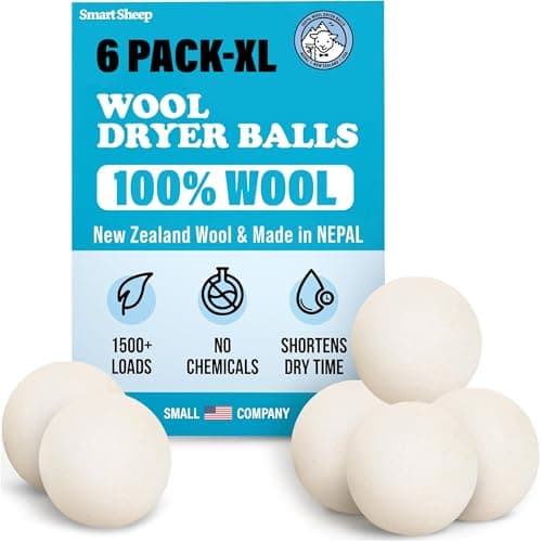 Smart Sheep Wool Dryer Balls - 6-Pack - XL Premium Natural Fabric Softener Award-Winning - Wool Balls Replaces Dryer Sheets - Wool Balls for Dryer - Laundry Balls for Dryer