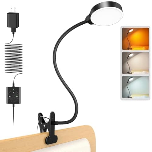 Glocusent 5W Clip on Light, 36 LEDs Eye Caring Reading Light for Bed, 3 Colors & 5 Brightness Clip on Lamp with Adapter, Perfect Reading Light for Bed with Clamp/Bunk Bed/Headboard/Table/Desk