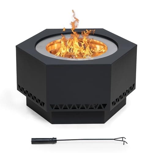 Sunjoy Fire Pit Smokeless 28 in. Hexagonal Outdoor Fire Pit, Patio Wood Burning Smokeless Firepit w/PVC Cover and Fire Poker, Ideal for Camping, Bonfire, and Backyard, Black