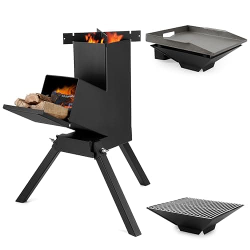 Stanbroil 3 in 1 Rocket Stoves with Grill Rack, Griddle and Pot Cooking Stand, Heavy Duty Wood Burning Stoves for Cooking, Camping wood Stove Kit for Off-Grid Supply, Outdoor Grilling Cooking Event