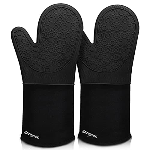 sungwoo Extra Long Silicone Oven Mitts, Heat Resistant Oven Gloves with Quilted Liner Non-Slip Textured Grip Perfect for BBQ, Baking, Cooking and Grilling - 1 Pair 14.6 Inch Black