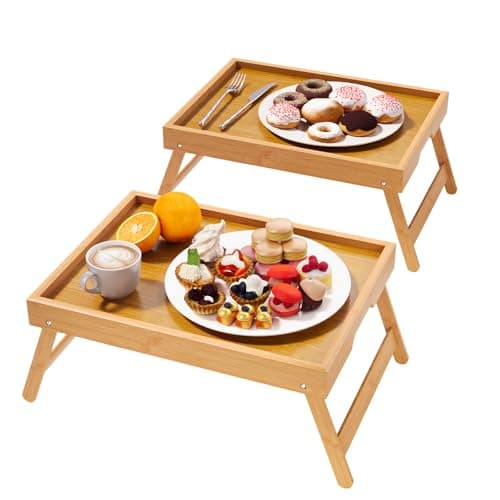 Fibogollo 2 Pack Bamboo Bed Tray Table with Folding Legs,Breakfast Trays,Serving Tray,Laptop Tray for Working,Food Snack Tray for Bed and Sofa(Natural)