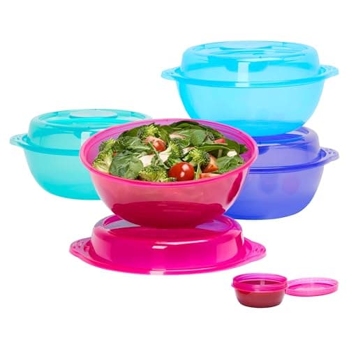 Bentgo Easyboxes Salad-to-Go Containers - 8-Piece Set: 4 Bowls, Leak-Proof Dressing Cups Built-In & 4 Fitted Lids Seal in Freshness; Reusable/BPA-Free for Salad, Pasta, & Cereal (Jewel Brights)