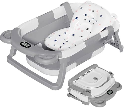 TPN Collapsible Baby Bathtub, Baby Bath Tub with Soft Cushion & Real-Time Thermometer, Baby Bathtub Infant to Toddler Tub (0-36 Months), Portable Newborn Travel Bath tub