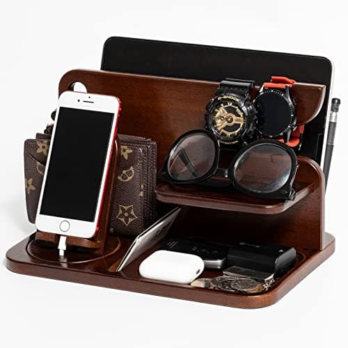 LIBRIDS Wood Phone Docking Station for Men, NightStand Organizer, Key Holder Wallet Stand Watch Organizer for Men, Gift for Husband Dad Birthday Anniversary