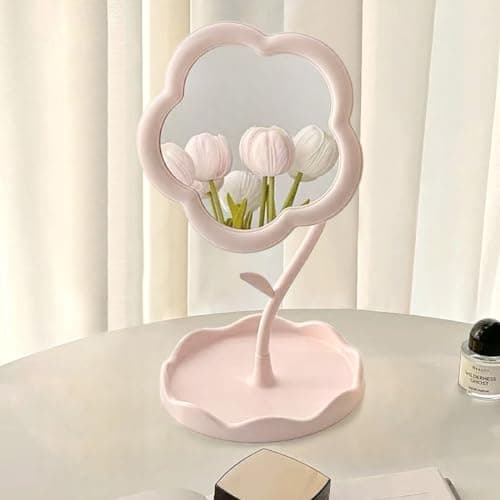 KEAINVRN Flower-Shaped Makeup Mirror for Desk Vanity Mirror for Bedroom,Living Room and Minimal Spaces Room Decor Home Decorations (Pink)