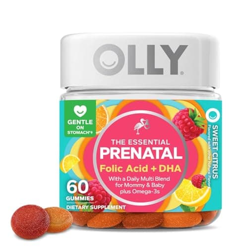 Olly The Essential Prenatal Gummy Multivitamin, 30 Day Supply ( Gummies), Sweet, Folic Acid, Vitamin D, Omega 3 DHA, Chewable Supplement, White Citrus, 60 Count (Pack of 1)