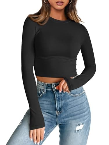 Trendy Queen Long Sleeve Shirts for Women Crop Tops Cute Tight Slim Fitted Workout Basic Tops Compression Womens Long Sleeve Tops Going Out Tops Y2k 2024 Fashion Teen Girls Clothes Outfits Black