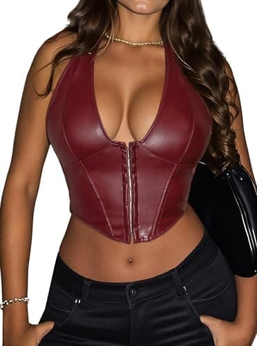 Benfoly Women's Y2K Leather Halter Top Backless Corset Bustier Top Lace Up Sexy Going Out Crop Tank Halter Neck Party Club Burgundy