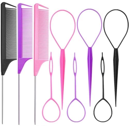 Luumxai 9pcs Topsy Hair Tail Tool and rat tail comb set,6pcs French Braiding Tool ring,3Pcs Metal Parting Combs,Woman Girl Hair Styling (Pink,Purple, Black)