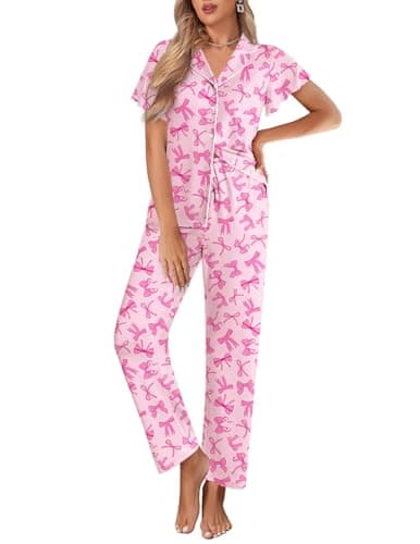 Ekouaer Pajamas for Women Set Button Up Sleepwear Cute Pjs Ruffle Sleeve Notch Collar Lounge Sets with Long Pants Pink Bow Tie L
