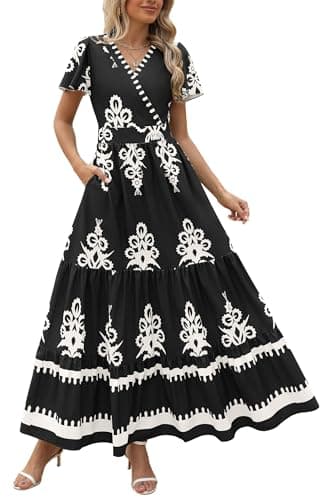PRETTYGARDEN Womens 2025 Summer Casual V Neck Boho Maxi Dress Flowy Aline Bell Sleeve Tiered Floral Dresses with Pocket (Floral Black White,Medium)
