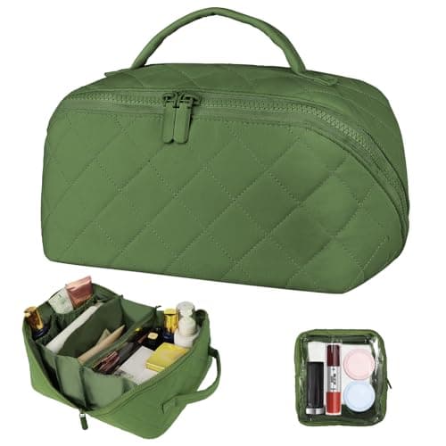 XSMNER Travel Makeup Bag, Festivalment Wide Open Lay-Flat Water-Resistant Cosmetic Case, Puffy Padded Organizer for Toiletries & Brushes Large Capacity with Compartments