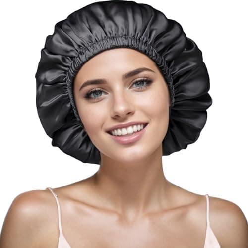 VECIIR Satin Bonnet Silk Bonnet for Sleeping Women and Men, Ajustable Hair Bonnet for Curly Hair with Double Layer Hair Bonnet,Black - Black,Medium