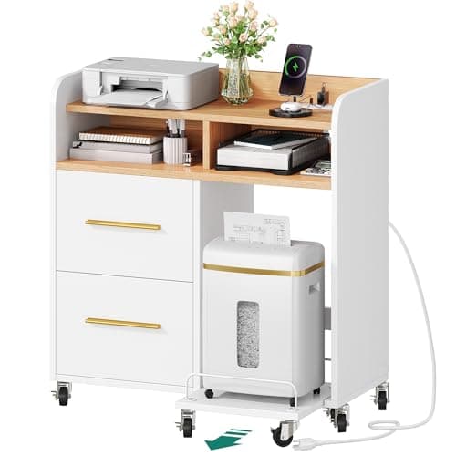 YITAHOME File Cabinet with Charging Station, 2 Drawer Lateral Filing Cabinet, Printer Stand with Open Storage Shelf for Home Office, White
