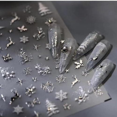 Christmas Nail Art Stickers 5D Embossed Silver Elk Nail Stickers Self-Adhesive Rhinestone Snowflake Bow Xmas Tree Star Elk Nail Decals for Women Girls Winter Holiday Manicure DIY Nail Supplies