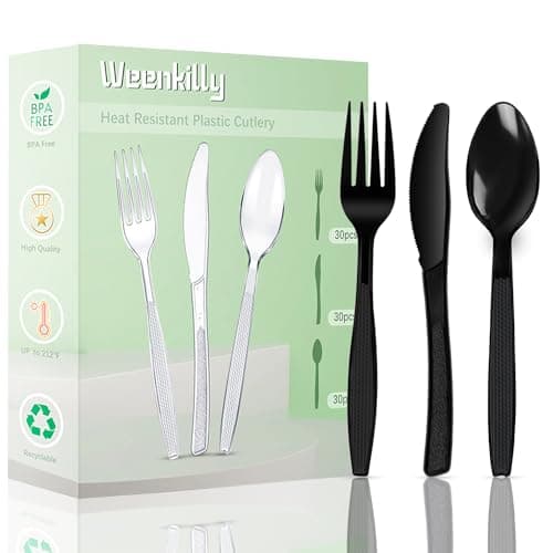 Weenkilly 90 Pack Plastic Cutlery Set - Disposable Plastic Utensils- Plastic Silverware Sets for Wedding Catering Parties - 30 Forks, 30 Spoons, And 30 Knives Set (black)