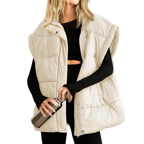 Songling Womens Oversized Puffer Vest Stand Collar Full Zip Sleeveless Bubble Puffer Vest Quilted Padded Warm Coat Outwear (Beige,L)