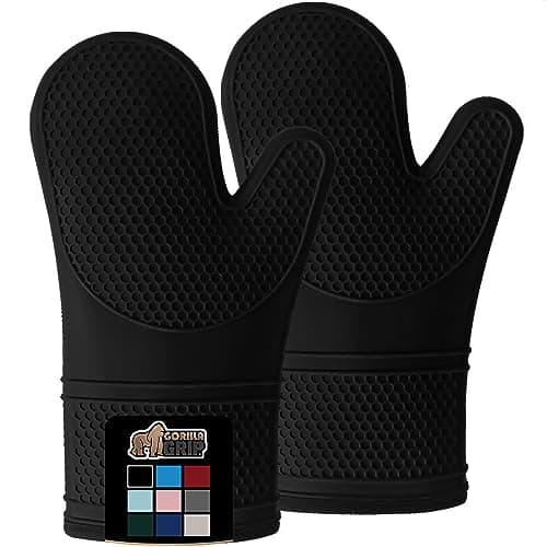 Gorilla Grip BPA-Free Soft Silicone Oven Mitts, Heat and Slip Resistant Thick Cotton Lined Cooking Mitt Set, Long Flexible Potholders Protect Hands, Kitchen Essential Waterproof Gloves, 12.5" Black