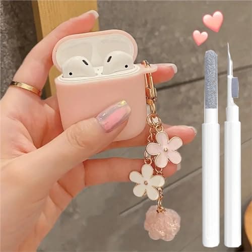 Cute Pink Case for Airpods 2nd/1st Generation Cover for Girl Women with Pom pom Flower Keychain & Cleaner Kit, Soft Silicone Airpods iPod 2nd/1st Gen Protective Cover Skin for Airpods 2/1, Pink