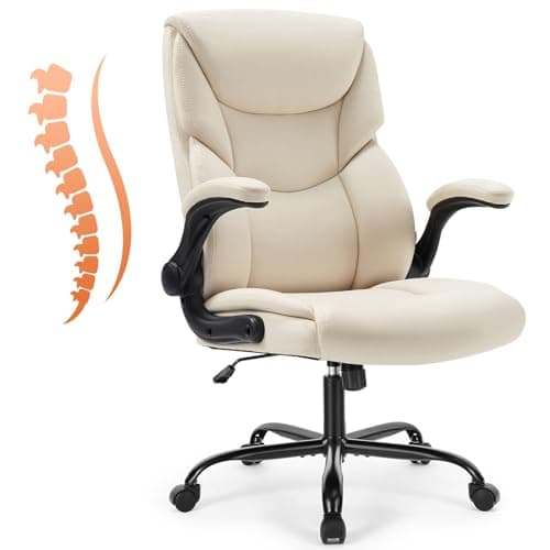 Sweetcrispy Computer Gaming Chair, Ergonomic Office Chair High Back Heavy Duty Task Desk Chair with Flip-up Arms, PU Leather, Adjustable Swivel Rolling Chair with Wheels, Cream