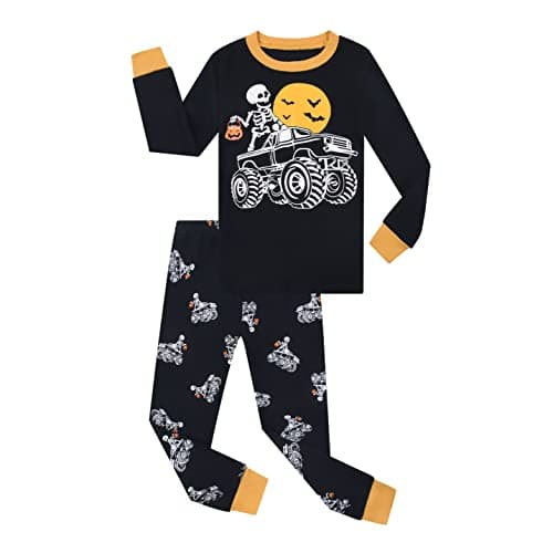 Benaive Halloween Pajamas for Boys, Pjs for Boy Cotton Pajama, 2-Piece Children Halloween Glow-in-the-dark Pants Set (Skeleton, Black, 8)