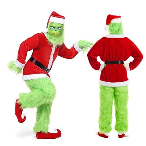 Beita Green Monster Costume 7PCS Christmas Green Monster Costume Luxury Santa Suit Green Adult Suit With latex Mask.