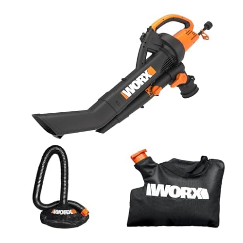 WORX Trivac 3-in-1 Electric Leaf Blower for Lawn Care, Leaf Mulcher/Leaf Vacuum with Bag, 350 CFM & 210 MPH, Leaf Shredder with Metal Impeller, Reusable Bag Included, Corded, WG505.2