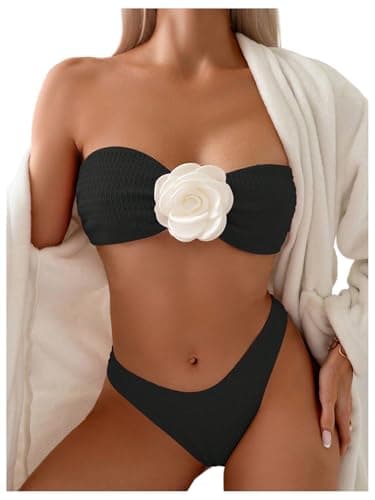 MakeMeChic Women's Two Piece Bikini Set 3D Flower Textured Strapless Bandeau Tie Back Bathing Suit Black Medium