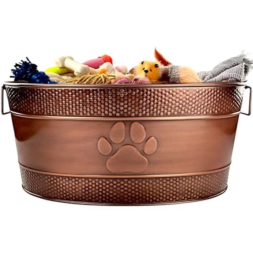 BREKX Indestructible Metal Dog Toy Bin - Copper Galvanized Storage Bin with Handles, Puppy Basket for Dog Storage, Blankets, & Leashes, Paw Pet Toy Box (25-Quart)
