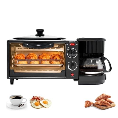 Best Breakfast Maker Stations #8 from BJLIFE 3-In-1 Breakfast Station, Portable Breakfast Maker with Non-Stick Griddle, Coffee Maker, and 4-Slice Toaster Oven, Cooking Gadgets for Bread Toast Coffee Egg Sandwich Bacon Sausages, Black