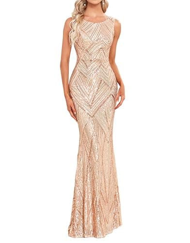 YHHOWEP Glitter Formal Dresses Long Evening Gowns Bodycon Mermaid Sparkly Sequin Boat Neck Sleeveless Cocktail Party Dress Gold M