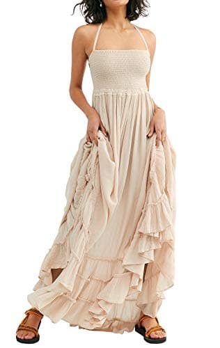 R.Vivimos Womens Summer Boho Sexy Backless Long Dresses (Large, Beige)