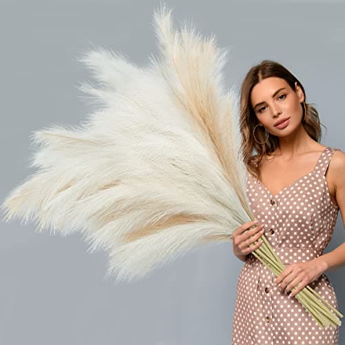 Ouddy Decor 8 Pcs Faux Pampas Grass Decor 38''/97cm Tall Artificial Large Pompas Grass Pompous Floral Fluffy Fake Plants Floor Vase Filler for Kitchen Home Boho Decorations, Mixed Beige