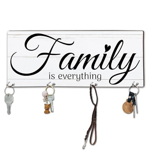 MBYHP Wooden Key Holder with 4 Hooks - Family is Everything Decorative Key Organizer for Wall - Home Office Kitchen Hallway Entryway Wall Decor for Keys, Dog Leash Hanging - A06