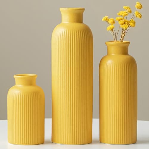 Modern Ceramic Vase Set, Yellow Ribbed Matte Design, 3-Piece Decorative Vases for Home, Living Room, Office (Yellow)